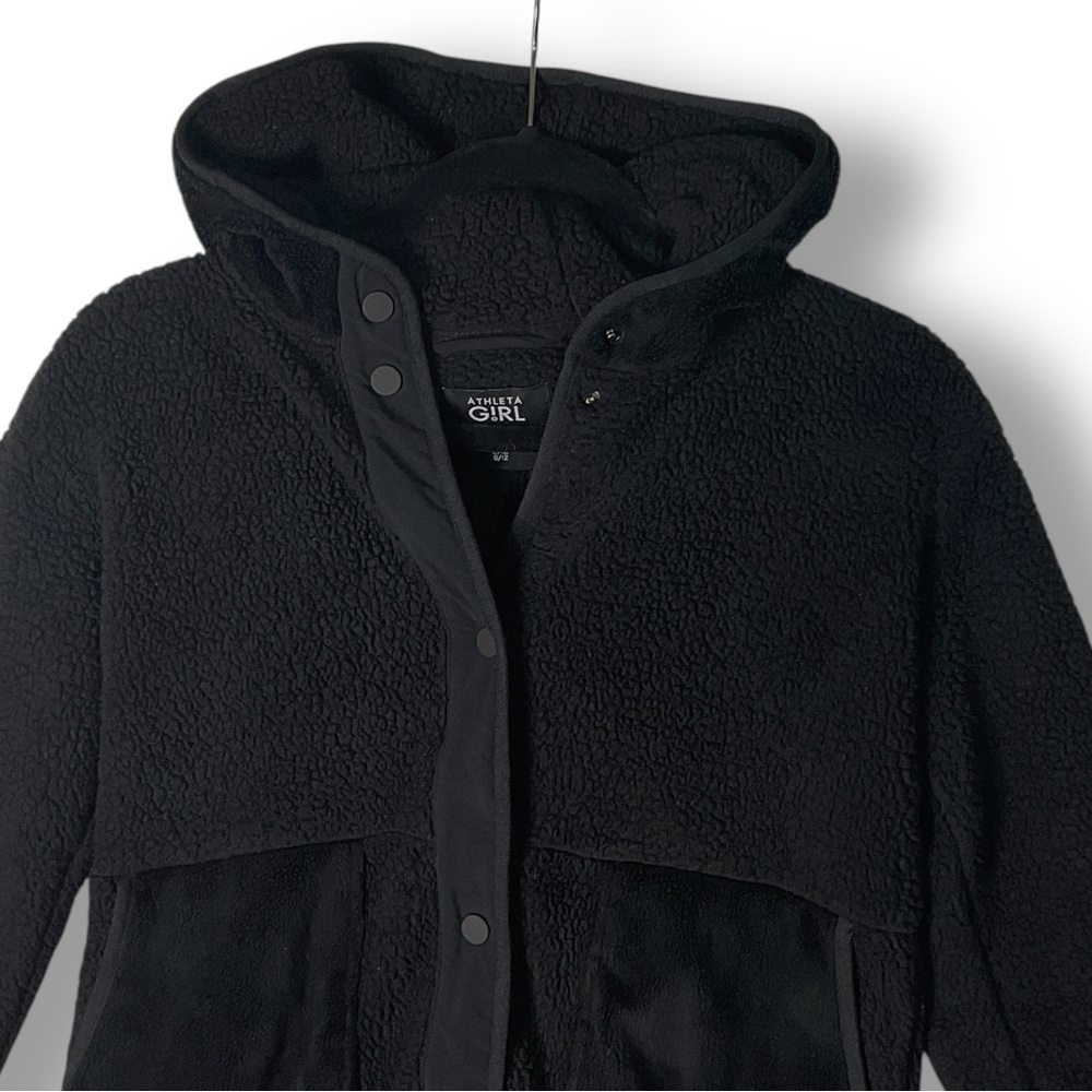 Athleta Girl Jacket Sz L So Toasty Tugga Long Sherpa Hooded Athletic Black - Picture 3 of 14